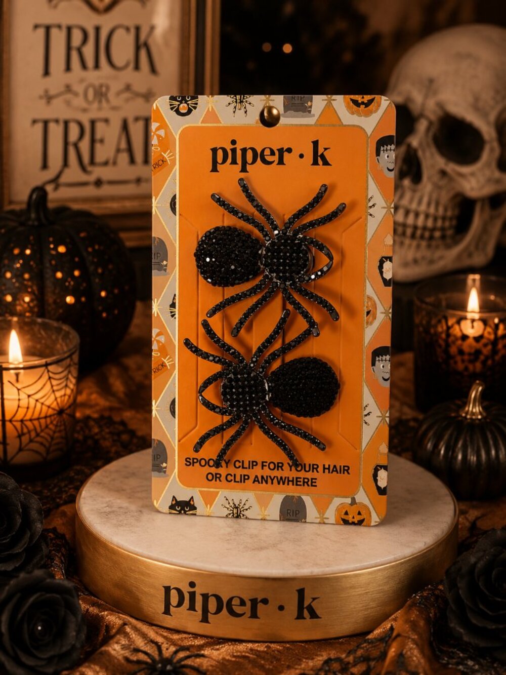 NIP Piper K Black Rhinestone Spider Hair Clips Halloween Spooky Bling Set of 2